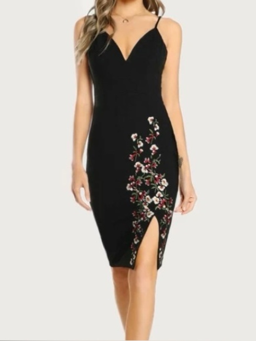 a'gaci Black Bodycon Dress with Red & White Floral Embroidery